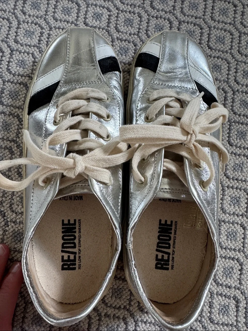 Re/Done Silver Sneakers with Black & White Stripe Detail